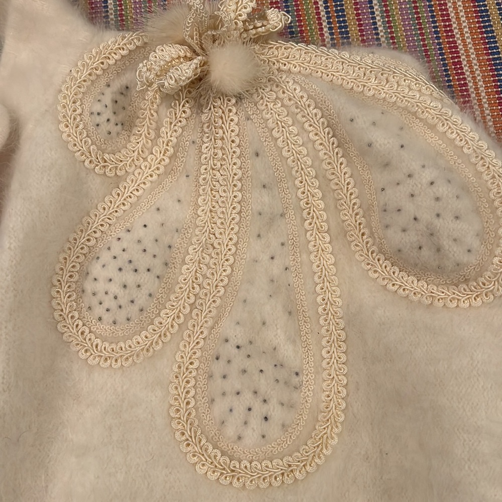 Vintage Jasung Ivory Balloon Sleeve Angora Cardigan Bone Buttons & Fur Est. Sz L
